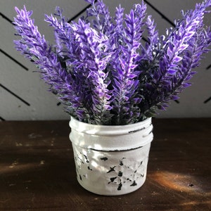 Lavender mason ball jar centerpiece | tiered tray decor faux flowers | rustic white distressed farmhouse home decor accents