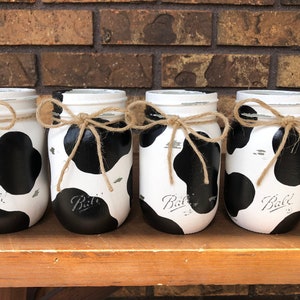 Hand painted cow print ball mason jar | farmhouse rustic home decor | birthday decorations centerpiece | utensil holder pencil cup