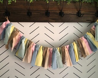 Farmhouse rag garland | pastel multicolored pink blue yellow sage green mint peach | play room decor nursery baby shower boho wall decor