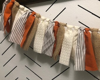 Farmhouse rag garland | gray and white stripe burlap beige cream neutrals rust orange pumpkin spice autumn fall thanksgiving Halloween gift