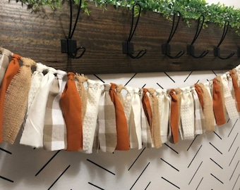 Farmhouse rag garland tan and white buffalo check burlap beige cream neutrals rust orange pumpkin spice autumn fall thanksgiving Halloween