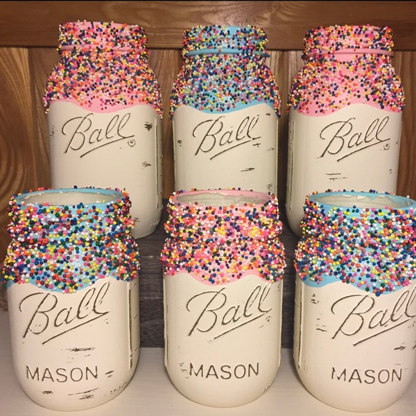 Sprinkle mason jar gender reveal set | pink blue boy girl | party decorations centerpieces | utensil holder nursery decor | pastel beige