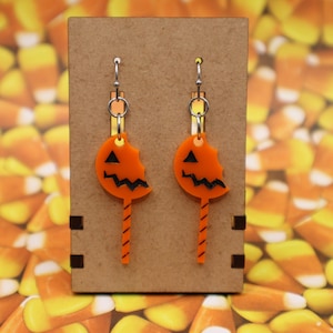 Halloween Lollipop Earrings, Orange Acrylic, Horror Movie Fan