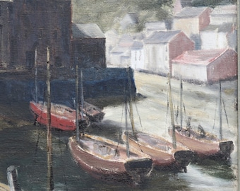 Vintage Oil Painting Maria Wyatt Boats at Harbour Polperro Bay