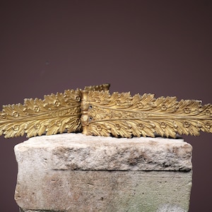 May include: A pair of ornate gold-colored metal hinges with a leaf and flower design. The hinges are displayed on a stone pedestal.