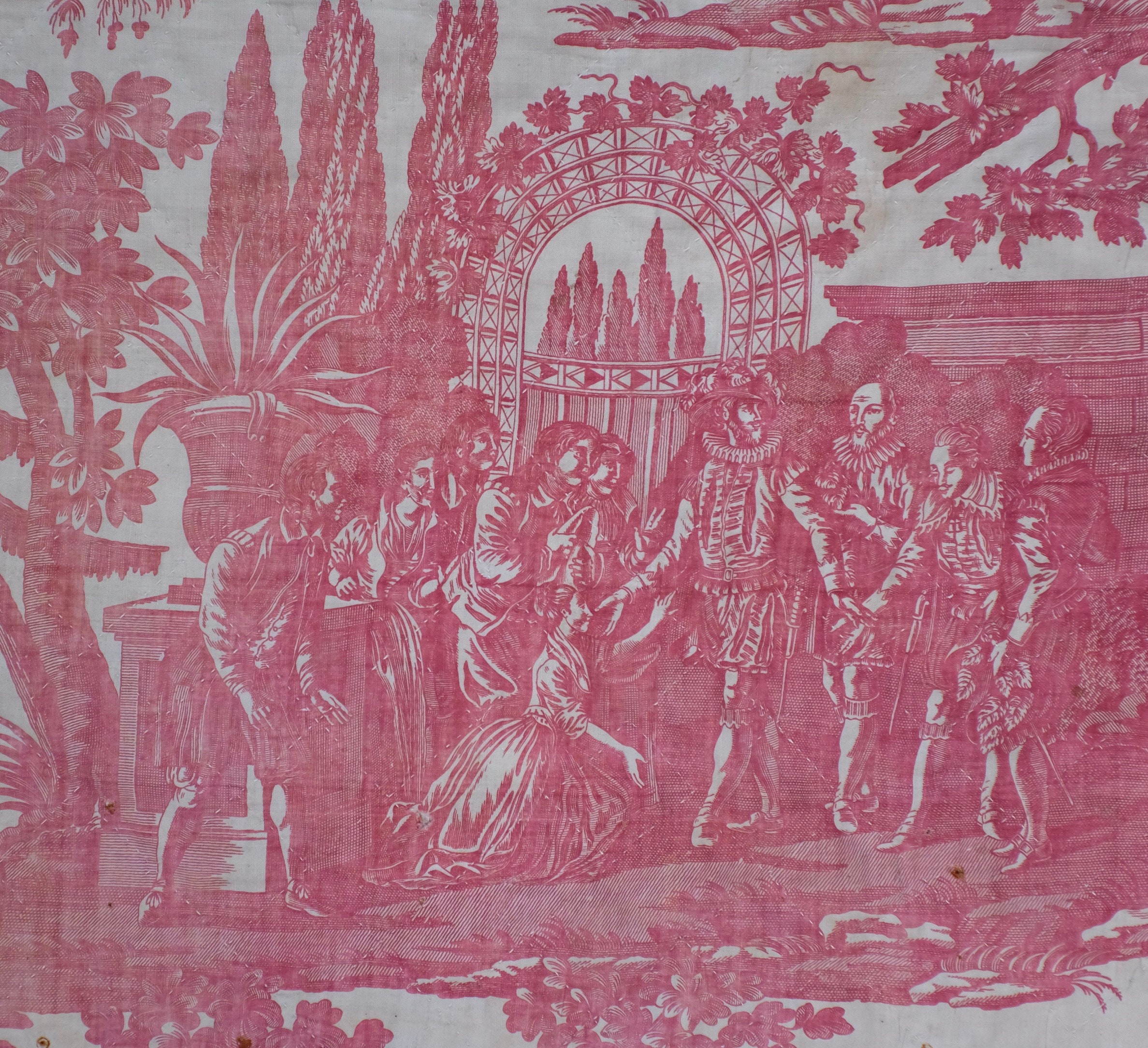 Living Coral Toile de Jouy Fabric, French Vintage Toile Art Nouveau Fabric  for Home Decor, Bench, Sofa, Chair Upholstery Fabric by The Yard