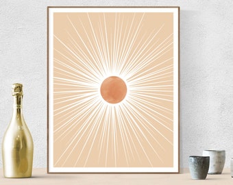 Burned Orange Abstract Sun Wall Art Printable, Boho Sun Print, Neutral Sunrise Art, Minimalist Sun Rays Art, Modern Sunburst Poster Digital