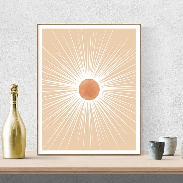 Burned Orange Abstract Sun Wall Art Printable, Boho Sun Print, Neutral Sunrise Art, Minimalist Sun Rays Art, Modern Sunburst Poster Digital