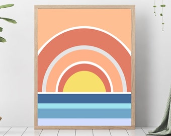 Minimalist Abstract Sunset Ocean Printable Wall Art, Modern Geometric Landscape Sun Sea Print, Scandinavian Peach Blue Art INSTANT DOWNLOAD