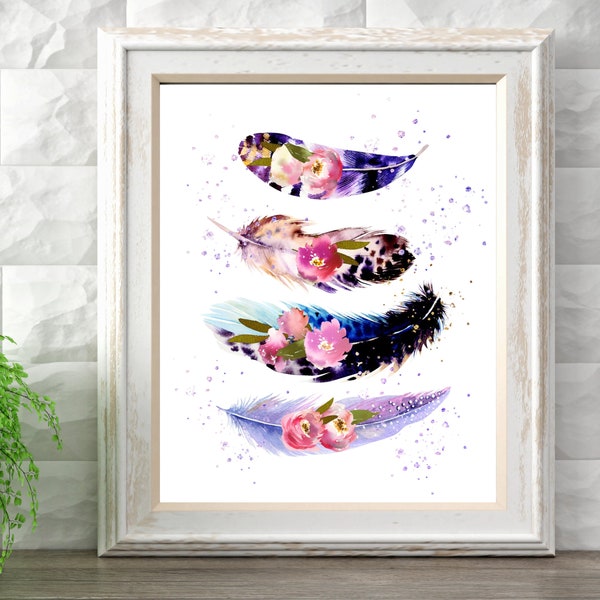 Purple and Blue Floral Feathers Watercolor Printable Boho Wall Art Feather Print Livingroom Decor, Feather Art Office Decor INSTANT DOWNLOAD