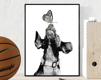 Dog Playing With Butterfly Black White Photo Printable Wall Decor, Happy Dog Photo, Puppy Dog Poster, Nursery Animal Print Instant Download