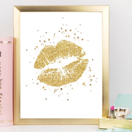 Gold Glitter Lips Glam Printable Wall Art Gold Kiss Girls Etsy
