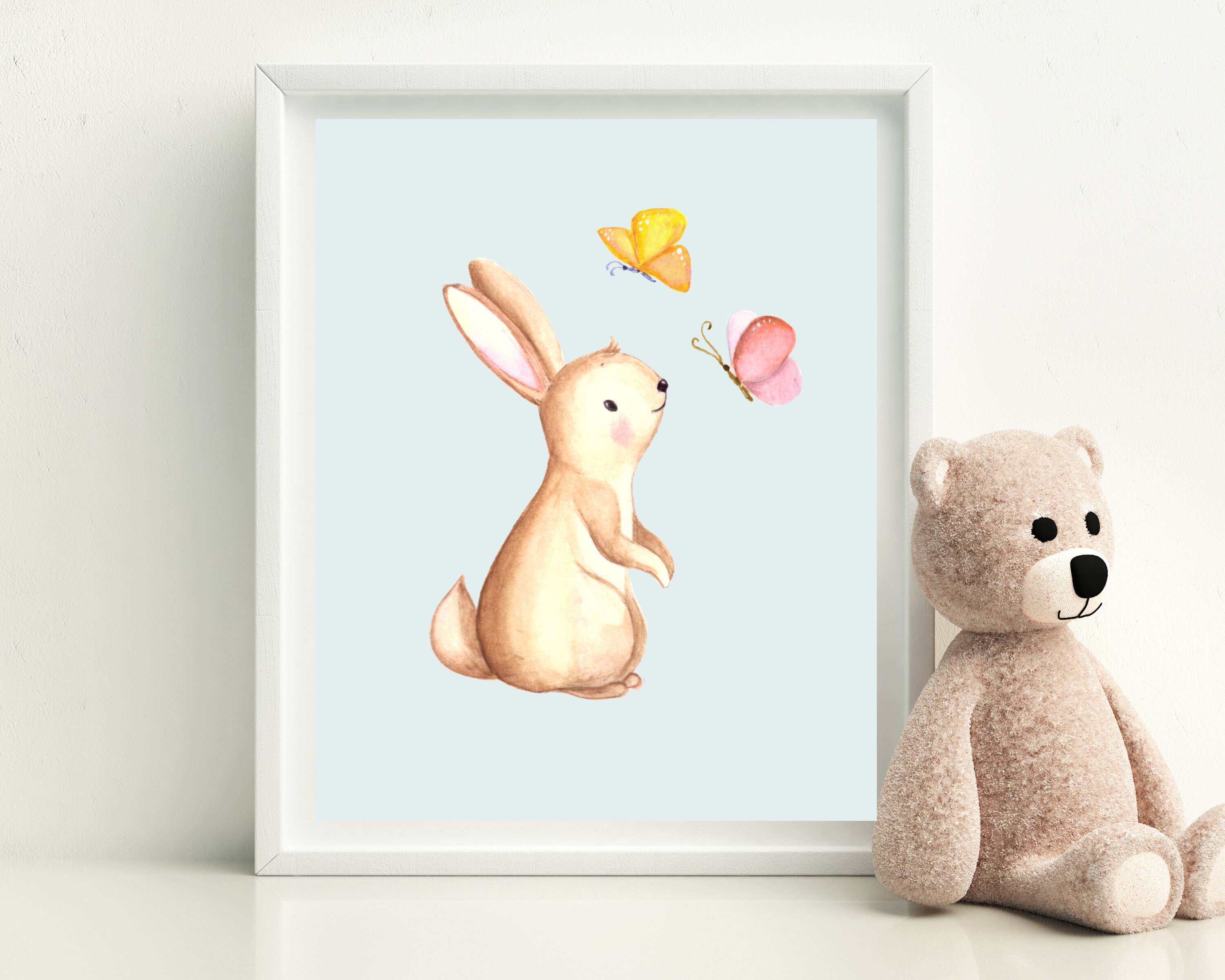Baby Bunny Rabbit Printable Nursery Wall Art, Bunny and Butterflies ...