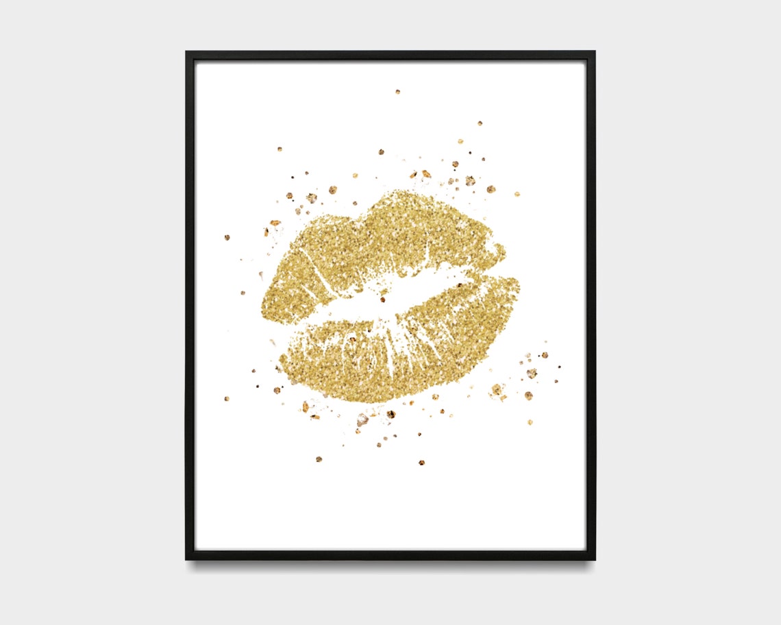 Gold Glitter Lips Glam Printable Wall Art, Gold Kiss Girls Room Fashion