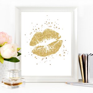 Gold Glitter Lips Glam Printable Wall Art, Gold Kiss Girls Room Fashion ...