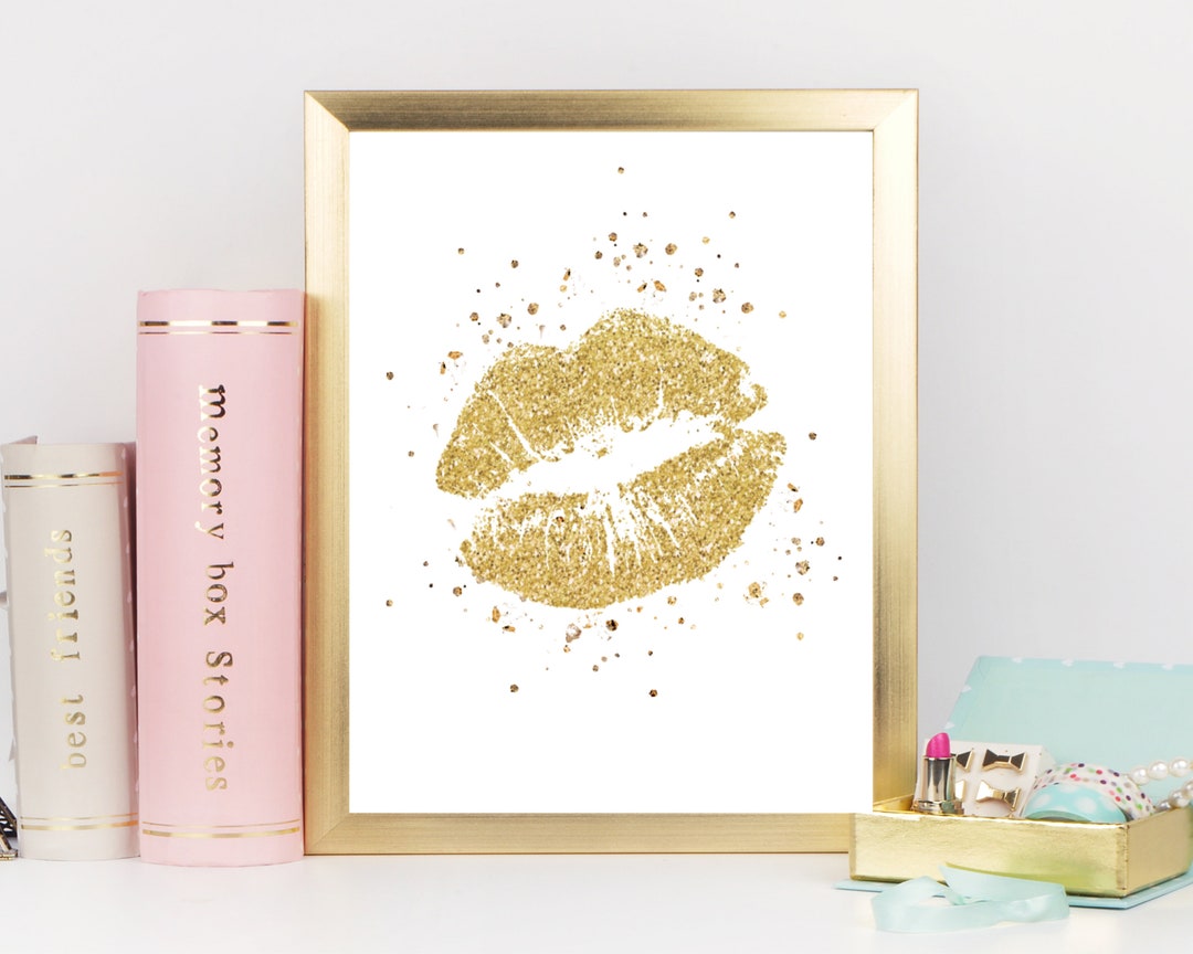 Gold Glitter Lips Glam Printable Wall Art, Gold Kiss Girls Room Fashion ...