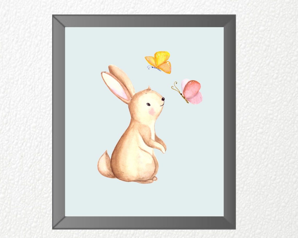 Baby Bunny Rabbit Printable Nursery Wall Art, Bunny and Butterflies ...