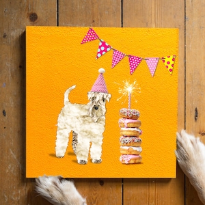 Wheaten Terriër hond verjaardagskaart. Donuts. Grappige hondje wenskaarten.