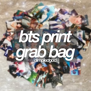 May include: A collection of BTS print grab bag items. The image features a pile of various prints with the text "bts print grab bag" in white, with the word "dimpledgod" below.