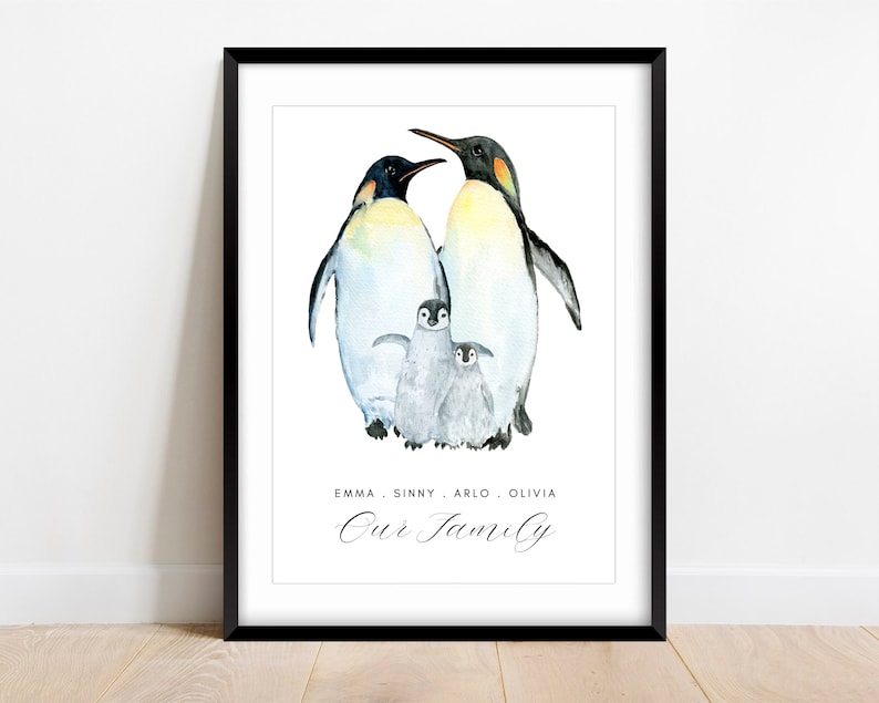 Personalised Family Print, Print Familie, Custom Print, Penguin Family Gift, Family Wall Art, Housewarming, New Home Gift, Family Penguins image 2