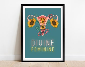 Divine Feminine Print, Feminine Energy, Yin Yang, Polarity Relationship, Womb Uterus Floral, Botanical anatomy, A2 print, A1 print