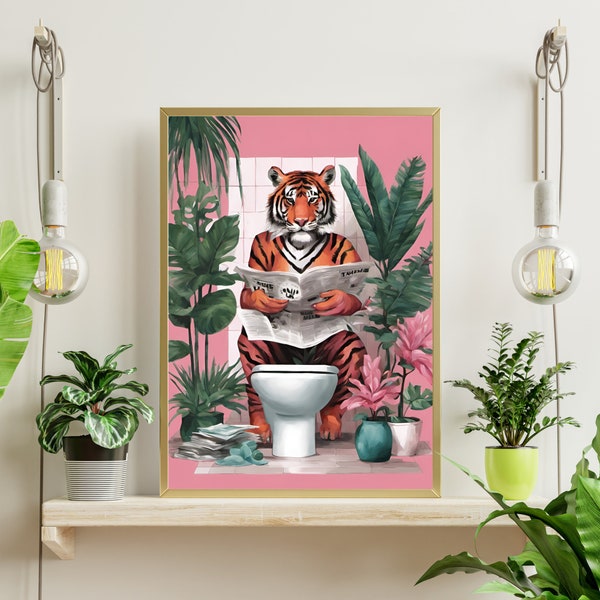 Maximalist Wall Art, Eclectic Wallart, Tiger Toilet Print, Animal on Toilet, Fun Bathroom Prints, Tropical Bathroom, Bathroom Decor, Print