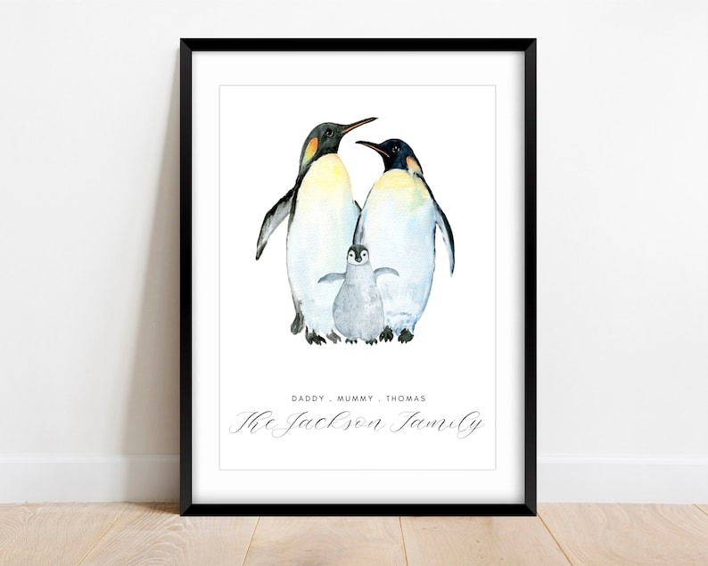 Personalised Family Print, Print Familie, Custom Print, Penguin Family Gift, Family Wall Art, Housewarming, New Home Gift, Family Penguins image 1