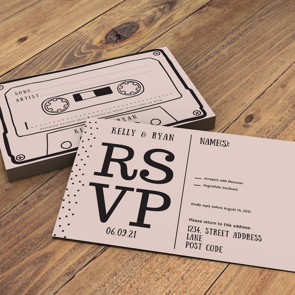 Wedding Song Request Cards, Double Sided, Wedding RSVP, Wedding Invitations, Cassette Tape, Wedding Reply Card