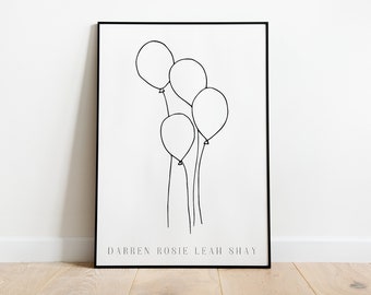 Family Balloon Print, New Home Gift, Personalised Family Print, New House Print, Simple Line Art, Abstract, Personalised Print