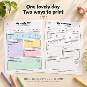 Peut inclure: Deux feuilles de planning quotidien imprimables intitulées My lovely day, l'une en couleurs pastel et l'autre en noir et blanc. Chaque feuille comprend des sections pour les sentiments, trois petites missions, des moments favoris et un espace dessin.