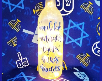 Hanukkah Menorahs Lights Latkes Dreidels-Hanukkah-Lighted Wine Bottles-Hanukkah Decor-Hanukkah Gift-Happy Hanukkah-Hanukkah Centerpiece