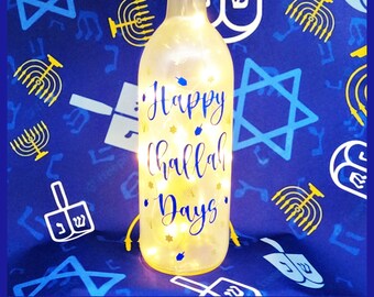 Happy Challah Days-Winter-Hanukkah-Lighted Wine Bottle-Gift-Home Décor-Hanukkah Gift-Hanukkah Décor-Hanukkah Centerpiece-Festival of Lights