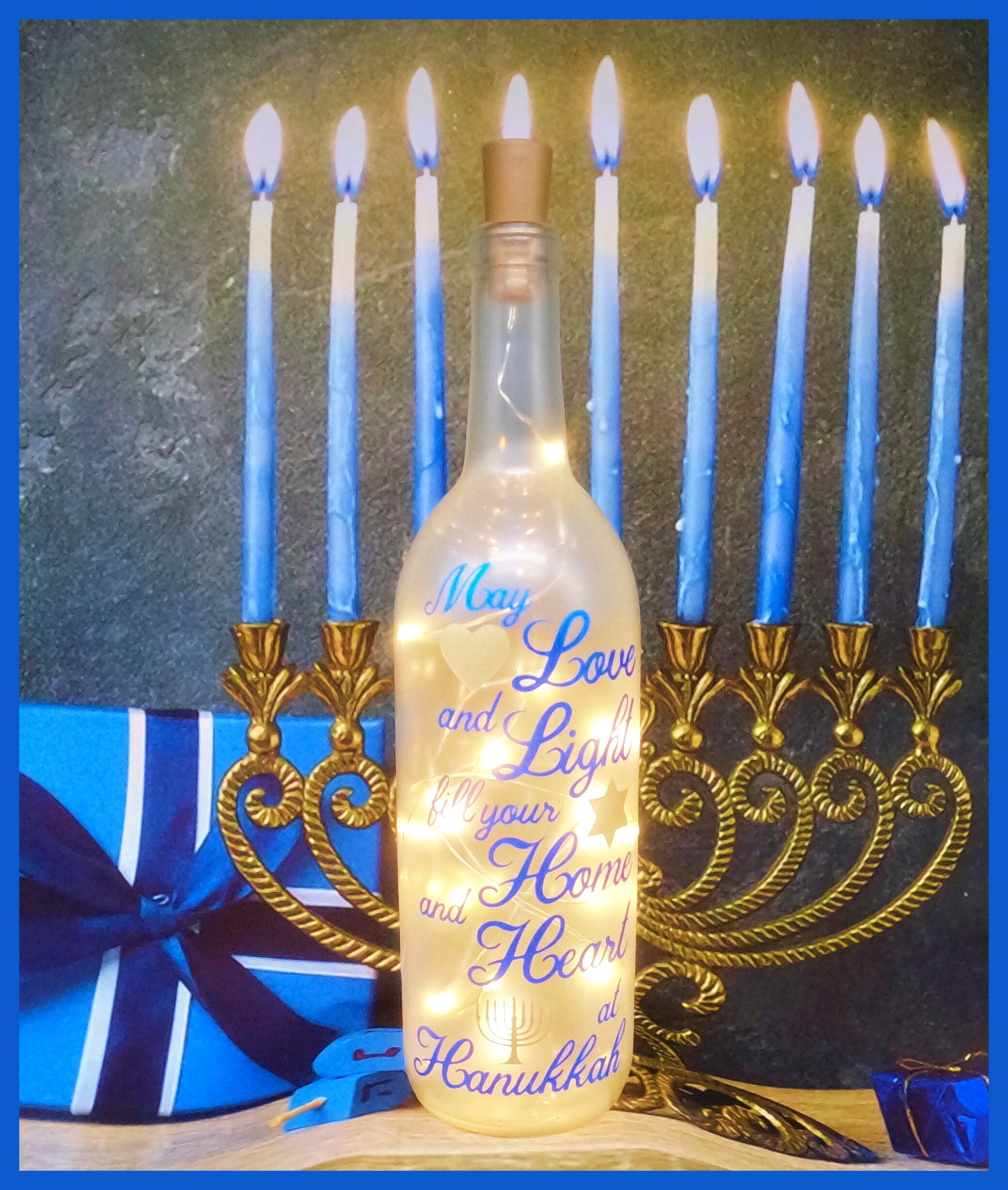 May Love and Light fill your Home and Heart at Hanukkah-Lighted Wine Bottle-Hanukkah Decor-Hanukkah Gift-Happy Hanukkah-Hanukkah Centerpiece