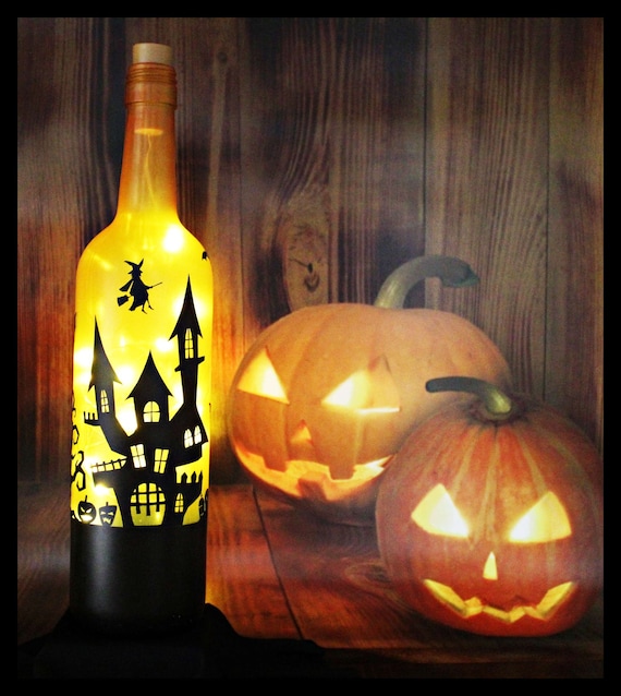 Haunted House-halloween-lighted Wine Bottles-gift-home Décor - Etsy
