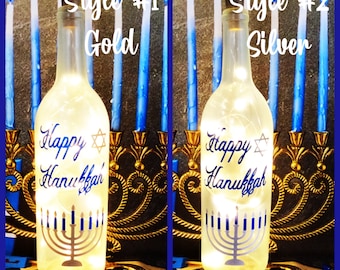 Happy Hanukkah-Hanukkah-Lighted Wine Bottle-Gift-Home Décor-Hanukkah Gift-Happy Hanukkah-Festival of Lights-Hanukkah Décor