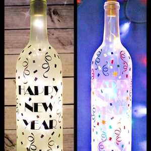 Happy New Year-Lighted Wine Bottles-New Year Gift-Christmas Gift-New Year Décor-Dinner Centerpiece-Host/Hostess Gift