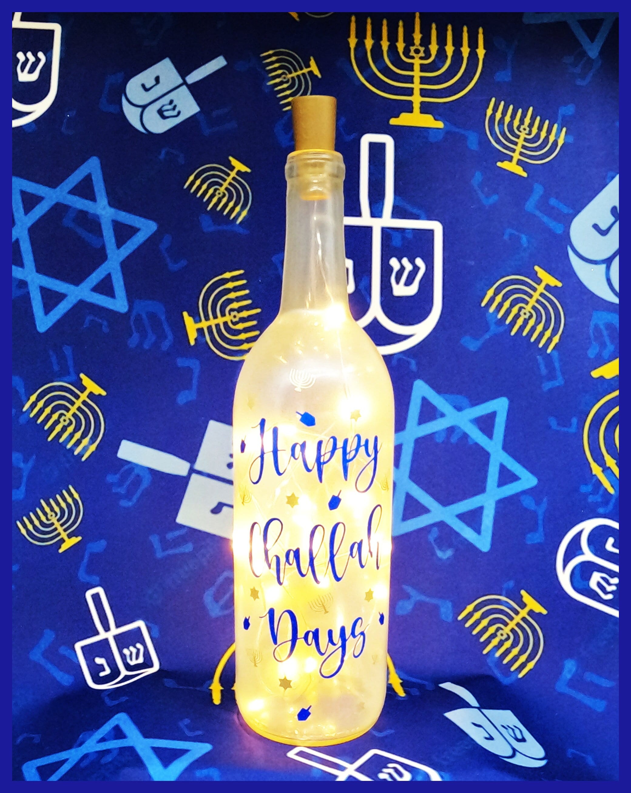 Happy Challah Days-Winter-Hanukkah-Lighted Wine Bottle-Gift-Home Décor-Hanukkah Gift-Hanukkah Décor-Hanukkah Centerpiece-Festival of Lights