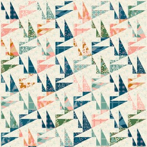 May include: A patchwork quilt featuring a repeating pattern of stylized triangles in shades of teal, pink, orange, and green. The triangles are set against a cream-colored background with a subtle floral print. The quilt is a mix of patterned and solid fabrics.