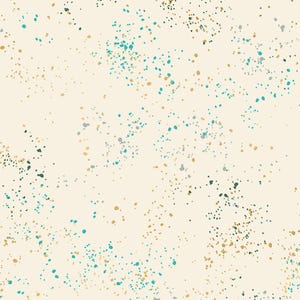 May include: Cream-colored background with a scattered pattern of small, irregular dots in teal, gold, gray, and black. The dots vary in size and density, creating a textured, abstract design. This pattern is suitable for fabric or wallpaper.