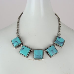 Vintage Faux Turquoise Necklace 70s Stone Choker Etched Metal Silver Tone Boho Hippie Western Bohemian Statement Necklace Festival 1970s