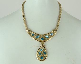 Vintage Bib Necklace Choker 60s Gold Tone Chain Blue Rhinestones Glam Statement Necklace 1960s Egyptian Revival Sparkly Drop Necklace