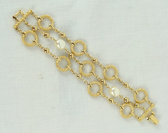 Vintage Chunky Chain Bracelet 80s Multi Strand Gold Tone Faux Pearl