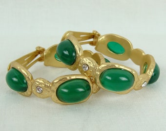 Vintage Kenneth Lane Hoop Earrings 90s KJL Clip On Byzantine Style Gold Tone Metal Rhinestone Faux Emerald Cabochon Stones Etruscan Glam