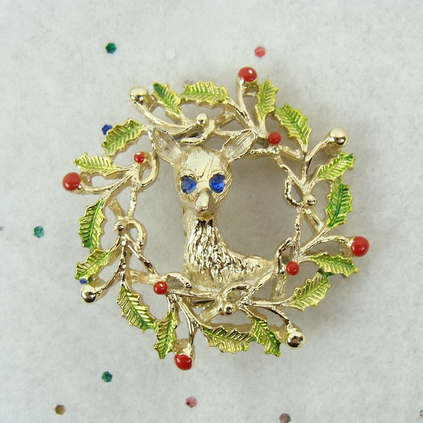 Vintage Christmas Brooch 60s Reindeer Wreath Pin Red Green Rhinestone Eyes Deer Rudolph Festive Fun Mid Century Kitsch Retro Holiday Jewelry