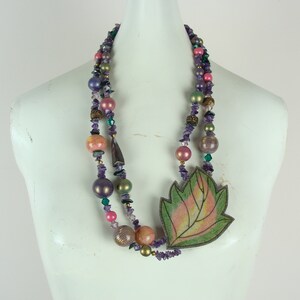 Vintage Beaded Necklace 80s Chunky Statement Necklace Large Leaf Double Strand Various Beads Colorful Fun Bohemian 1980s Unique