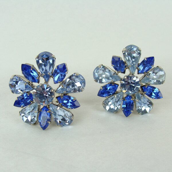 Vintage Rhinestone Earrings 50s Prong Set Faceted Rhinestones Blue Flowers Made in Austria 1950s Old Hollywood Glam Pin Up Bridal Sparkly