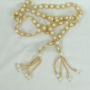 Vintage Faux Pearl Beaded Tie Belt Necklace 80s Gold Tone Beads Tassel Multi Use Statement Jewelry Glam