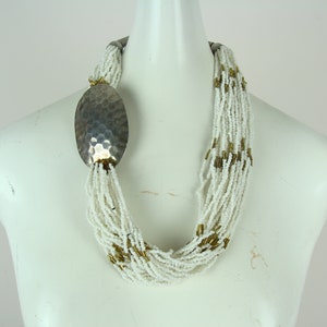 Vintage Beaded Necklace 70s Chunky Necklace Multi Strand Hammered Metal Boho Hippie Bohemian Statement Necklace Seed Bead 1970s Fabulous