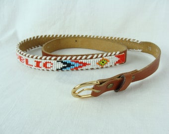 80/'s Wide Beaded White Satin Belt Pastel Beads Accent Belt with Beaded Design Medium to Large