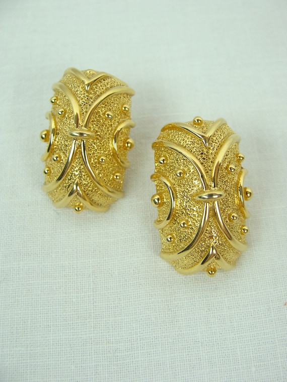 Vintage Earrings 80s Textured Gold Tone Byzantine… - image 1